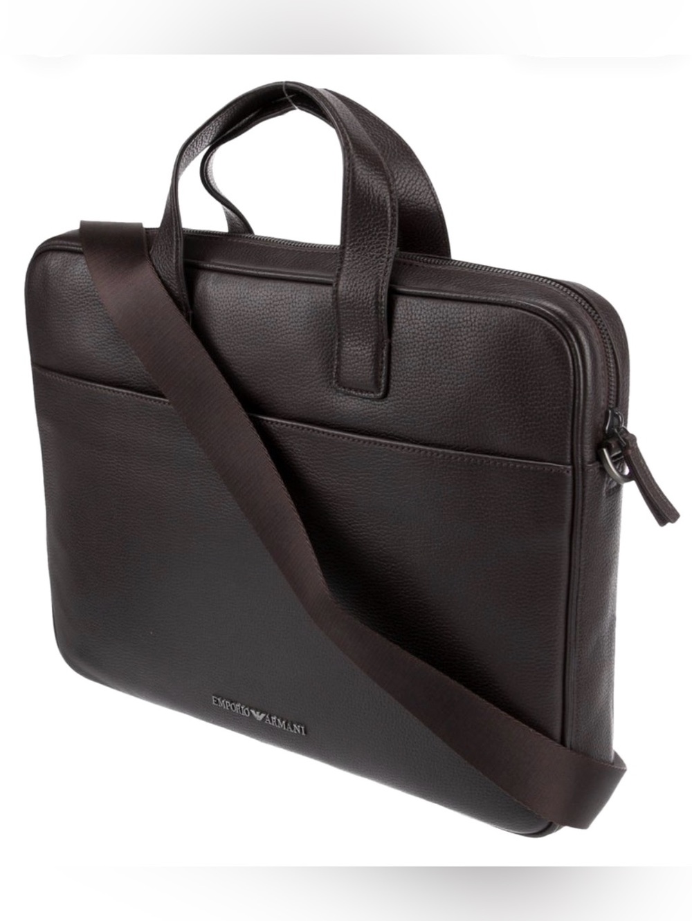 Emporio Armani Black Pebbled Leather Laptop Briefcase with Strap and handles